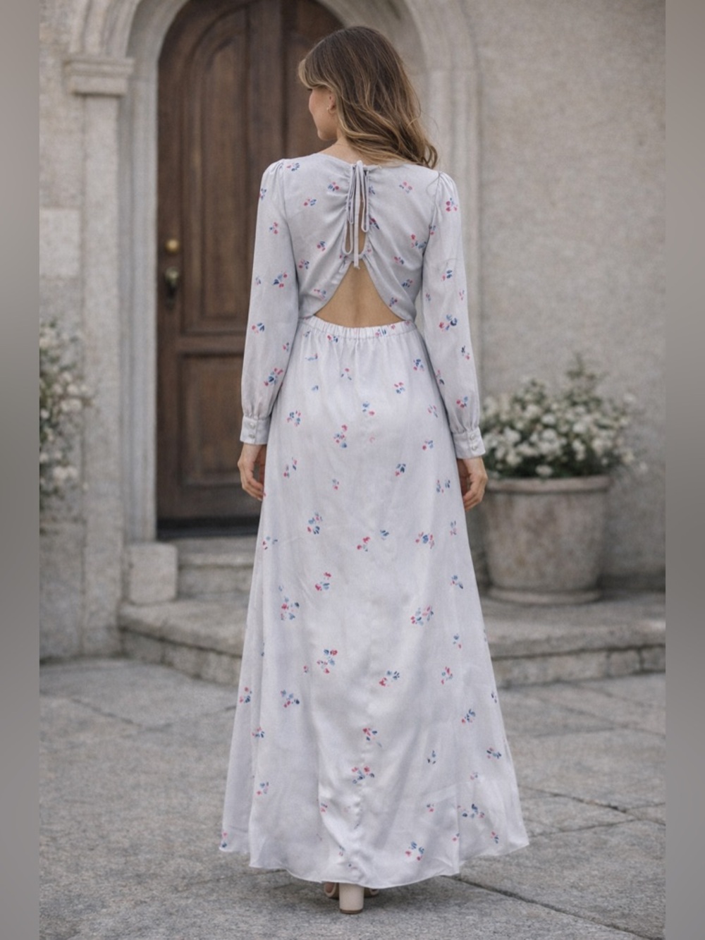 Avec Les Filles Light Gray Floral V-Neck Maxi Dress with Pink & Blue Accents